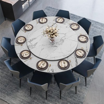 熱銷 1.8M大理石圓形餐桌椅組合北歐簡約圓餐桌家用帶轉盤10人客廳飯桌