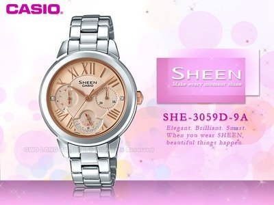 CASIO 卡西歐 手錶專賣店 國隆 SHEEN SHE-3059D-9A 三眼女錶 不鏽鋼錶帶 玫瑰金 防水50米 全新品