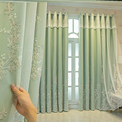 全遮光窗簾成品法式臥室公主風雙層蕾絲繡花紗布一體掛鉤式遮陽布