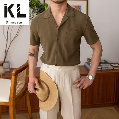 華夫格古巴領短袖襯衫男 M-2XL 夏季薄款韓版輕熟襯衫 素色緊身寸衫