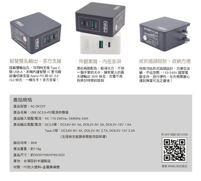 促銷 安規認證 MINIQ 36W QC3.0快充+PD Type-C/USB-A 雙孔高速閃充充電器 AC-DK23T