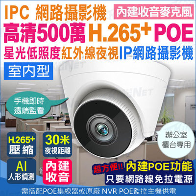 監視器 POE 星光級 紅外線 網路型攝影機 高清500萬 H.265 5MP 半球 內建麥克風