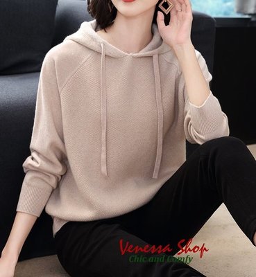 VENESSA~ 新款 慵懶休閒 寬鬆廓形 純色細羊毛連帽針織衫上衣 六色 (E824)