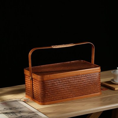 【熱賣精選】大漆手工竹編提盒提籃隔斷內襯茶具收納收納盒家用帶蓋食盒裝茶盒