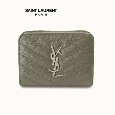 Saint Laurent Paris YSL (灰色×金屬銀色)立體LOGO 真皮防刮壓紋中短夾 皮夾 錢包｜100%全新正品