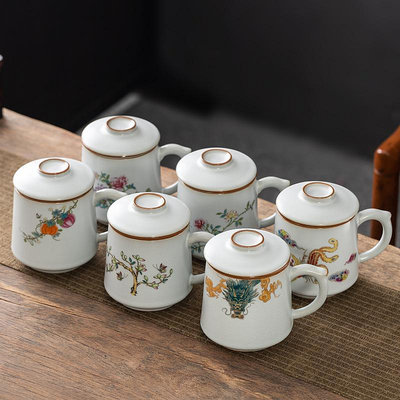 汝窯開片可養陶瓷辦公杯帶蓋帶過濾水杯泡茶杯禮品家用喝茶個人杯