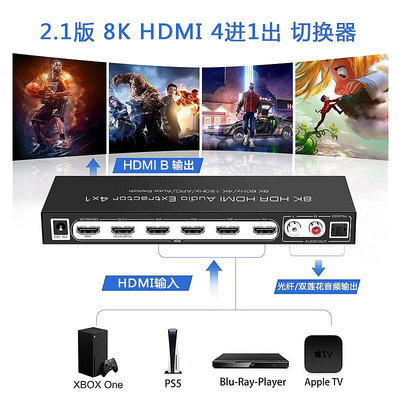艾森HDMI 2.1版 4進2出高清切換器獨立音頻分離 8K60Hz 4K120Hz