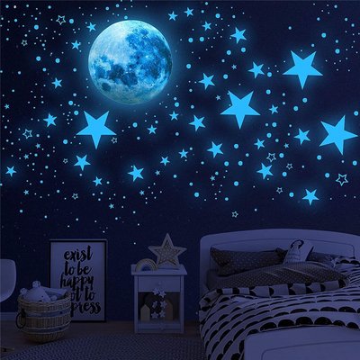 現貨熱銷-粉藍綠光夜光月球星星月亮墻貼天花板夜光兒童墻壁兒童房臥室客廳爆款