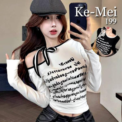 克妹Ke-Mei【AT82640】獨家，歐美單！美式字母摟空綁帶長袖T恤上衣