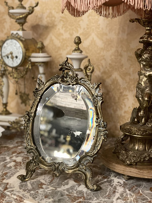 法國百年古董巴洛克風格手工青銅雕塑桌鏡『百年古董鏡有自然老化痕跡』#023138