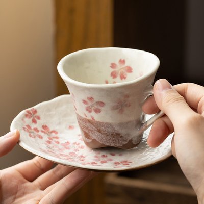 特價！日本進口美濃燒浪漫櫻花咖啡杯碟套裝復古紅茶杯帶托盤日式水杯