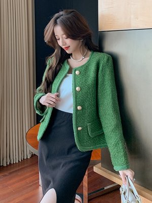 Purpose正韓女裝2023秋冬季新款法式氣質名媛復古高級感百搭長袖短款綠色外套女裝