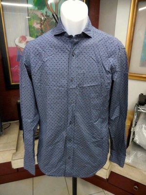 (近全新)Massimo Dutti深藍色滿版點點長袖休閒襯衫(S)(B361)