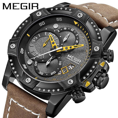手錶男 潮牌新款MEGIR美格爾手錶男士 多功能計時真皮運動石英手錶2130