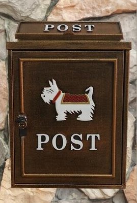 7305A 歐式 簡約復古咖小狗壁掛信箱 POST彩繪小狗牆上信箱信件箱 帶鎖壁掛可愛信箱郵箱意見箱