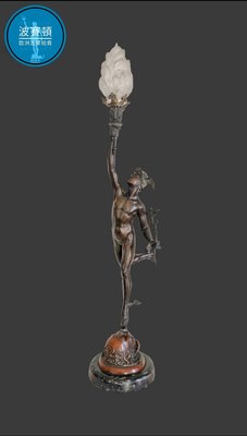 【波賽頓-歐洲古董拍賣】歐洲/西洋古董 意大利古董 19世紀 西臘神話 墨丘利大型銅雕立燈 (尺寸：高90×直徑20 公分)(年份：1880年)(總重：8公斤)