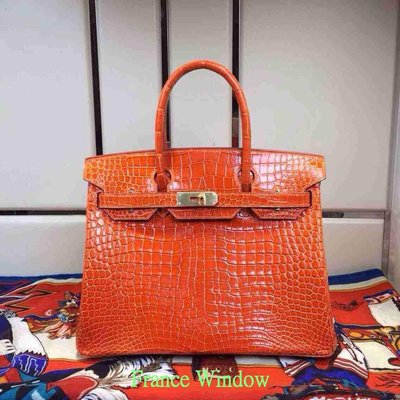 France Window 愛瑪仕 柏金包 Hermes Birkin 火焰橘 金扣 亮面灣鱷 30Cm