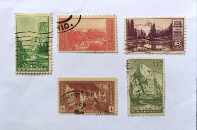 #1934年 美國國家公園郵票  1美分~8美分  舊票5張     票圖如說明!