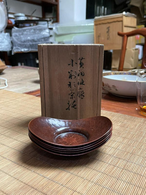 日本老銅茶托平安金星堂造 手工捶目文 原箱小判型茶托 杯托