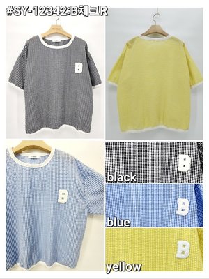正韓 korea韓國進口B-company黑白色格紋B字短袖T恤棉麻衫  現貨  小齊韓衣