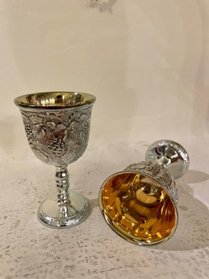 日本製銅鍍銀雕花酒杯 聖杯 兩入組