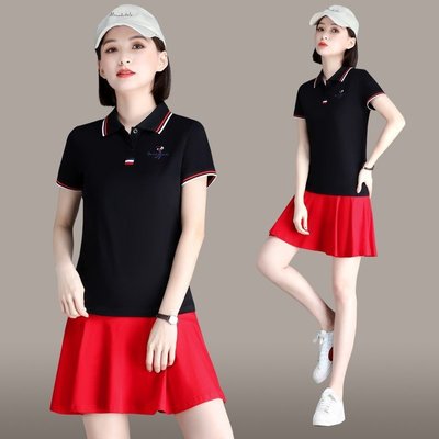 特賣-高爾夫網球裙套裝女夏兩件套時尚運動短袖短裙polo衫羽毛球服棉質