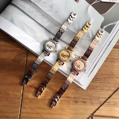 DanDan代購 美國正品 COACH 女士石英手錶 簡單時尚 圓形女款精鋼鋼帶 皮帶腕錶 附購買憑證