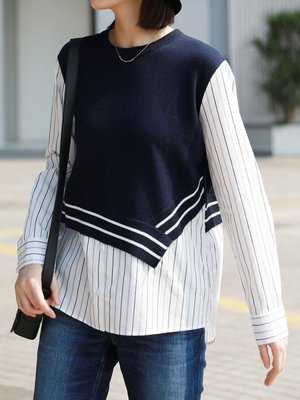 VENESSA~ 新款 精緻休閒 寬鬆廓型 撞色羊毛針織拼接純棉條紋 假兩件式襯衫上衣 兩色 (L1023)