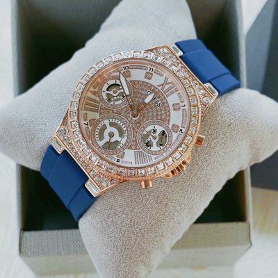 GUESS Moonlight 水鑽圈 小鏤空錶盤 藍色矽膠錶帶 石英 女士手錶 GW0257L3