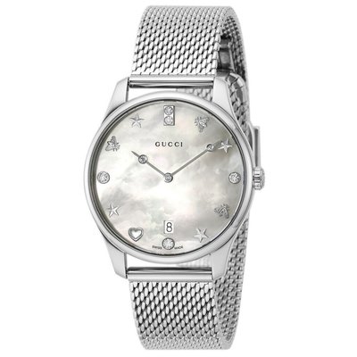 GUCCI YA1264094 古馳 手錶 36mm 白色貝殼面盤 鑲鑽 米蘭錶帶 男錶 女錶