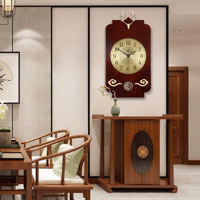 【熱賣精選】新中式純銅中國風木質客廳掛鐘時尚創意家用大號靜音鐘表鹿頭時鐘