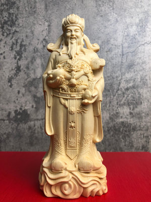 檜木雕刻如意元寶財神爺祿星神像擺件家居寺廟供奉招財紅木工藝品
