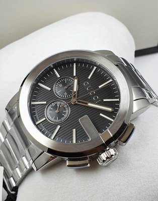 GUCCI G-Chrono 黑色面錶盤 銀色不鏽鋼錶帶 石英 雙眼計時 男士手錶 YA101204
