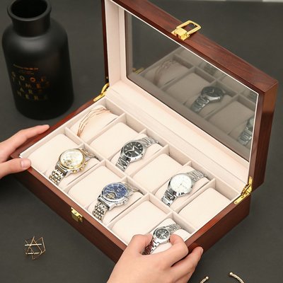 手錶盒 手錶收納盒 手錶展示盒 收藏錶盒 首飾品盒 手表盒12位鋼琴烤漆木紋手表收納盒噴漆咖啡色樹紋12只裝手表盒TY016