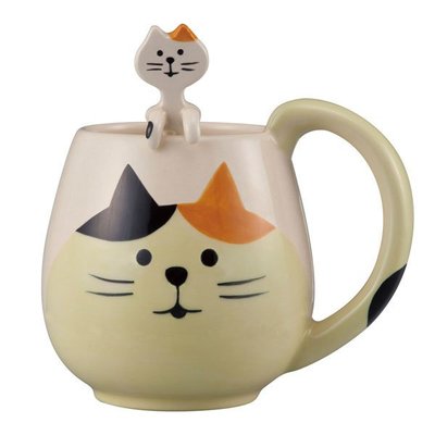 ♡fens house♡日本進口 DECOLE concombre 三毛貓 貓 陶瓷杯 咖啡+ 造型 攪拌 湯匙