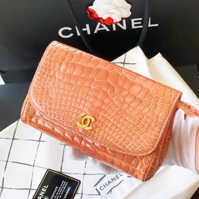 Chanel vintage 肉粉鱷魚皮手拿包化妝包晚宴包