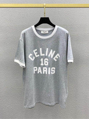 Sale Celine 新款印花字母logo圖案圓領T恤，淺灰色，百搭！滾白邊顯手瘦也Q