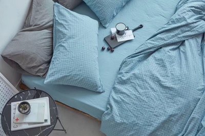 #S.S 日本品牌2018新款良品 水藍細紋 水洗棉純棉材質雙人床包單人床包組 棉被床罩寢具 ikea 無印