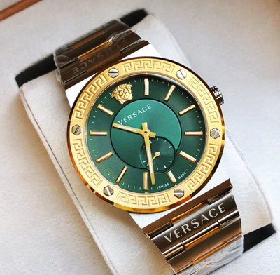 VERSACE Greca Logo 金色配綠色面錶盤 銀色不鏽鋼錶帶 石英 男士手錶 VEVI00420