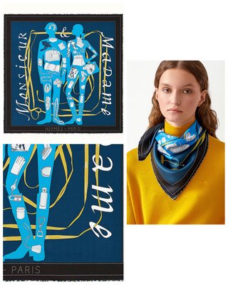 ［現貨/預購] Hermes Monsieur et Madame scarf 70 愛馬仕絲巾經典圖案深藍