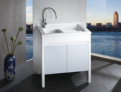 --villa時尚生活--L-575新型四方型檯面式洗衣槽櫃組(台製活動式洗衣板-結晶鋼烤門片-- )鋁腳