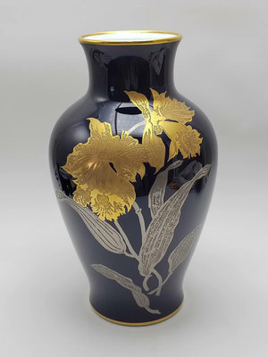 回流精品瓷器花瓶 日本大倉陶園帝王藍色金銀蝕刻花卉花器室內裝