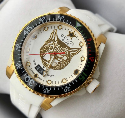 GUCCI Dive 陶瓷圈 立體貓咪 白色錶盤 白色橡膠錶帶 石英 男士/女士手錶 YA136322
