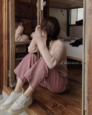 韓國網拍 slowand 自訂款 草莓牛奶寬褲 粉色 牛仔褲 長褲 直筒褲
