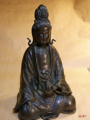 【易軒珍藏】N32041日本銅雕觀音佛像...日本金工大師 *本間琢齋* 成名作品