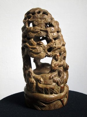 竹雕木雕透雕刻藝術品擺飾品-松樹下童子抱古琴老人下棋【心生活美學】