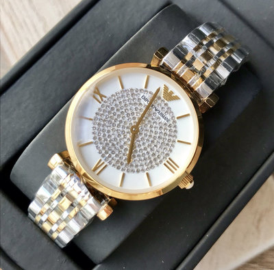RMPORIO ARMANI 密鑲水晶鑽錶盤 金色配銀色不鏽鋼錶帶 石英 女士手錶 AR8031 亞曼尼腕錶