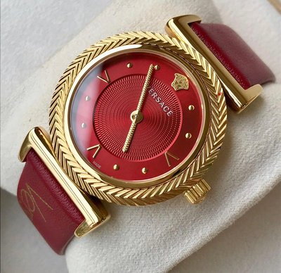 VERSACE V-Motif 紅色錶盤 紅色皮革錶帶 石英 女士手錶 VERE00418