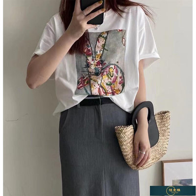 熱賣 韓國東大門卡通手繪兔子印花短袖T恤女2023新款夏季高級感復古ins（） 促銷