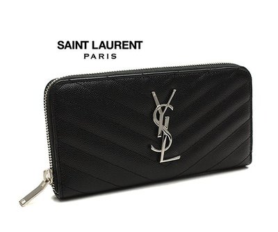 Saint Laurent Paris YSL (黑色×金屬銀色) 真皮壓紋拉鍊長夾 皮夾 錢包｜100%全新正品｜特價